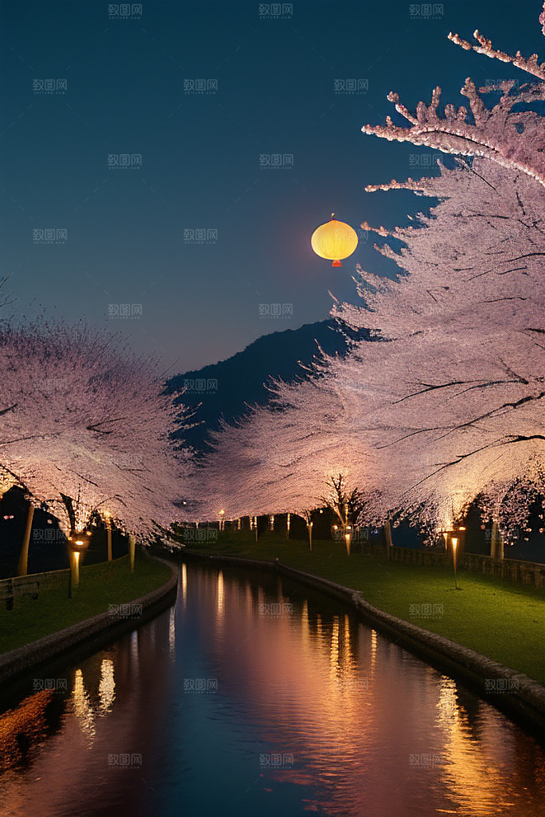 中秋月圆夜樱花与美景