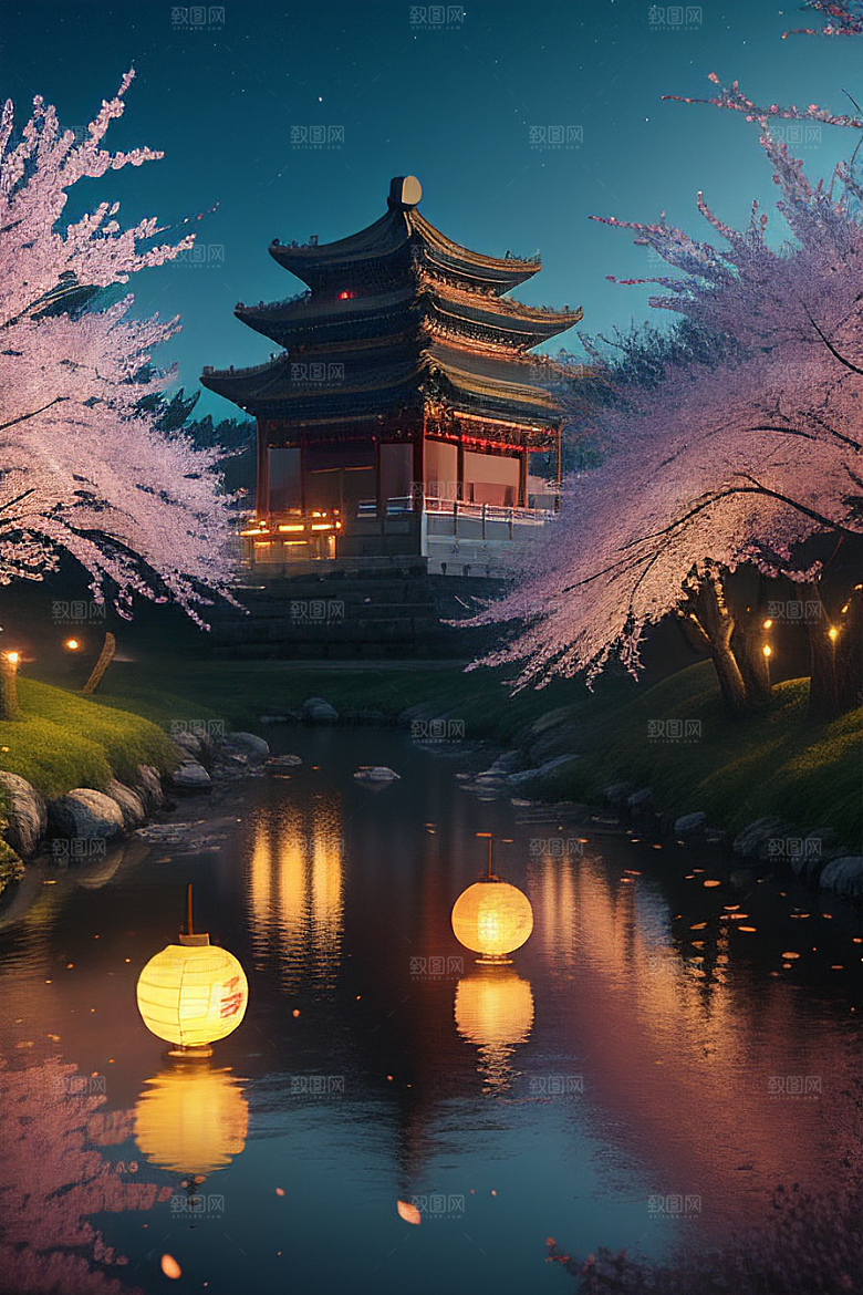 中秋月圆夜樱花与美景