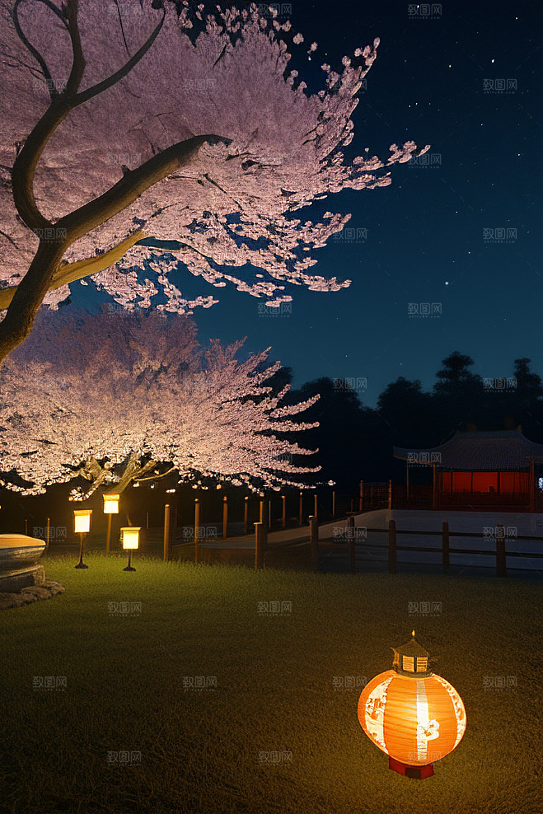 中秋月圆夜樱花与美景