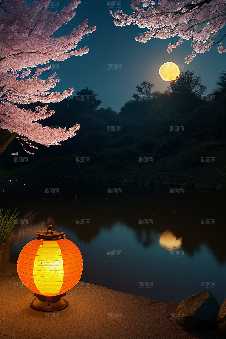 中秋月圆夜樱花与美景
