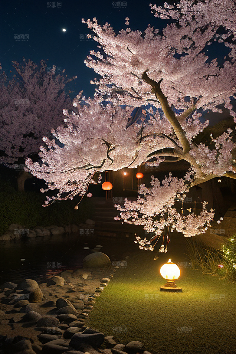 中秋月圆夜樱花与美景