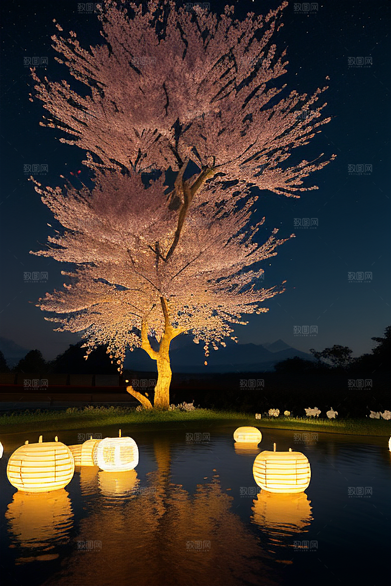 中秋月圆夜樱花与美景