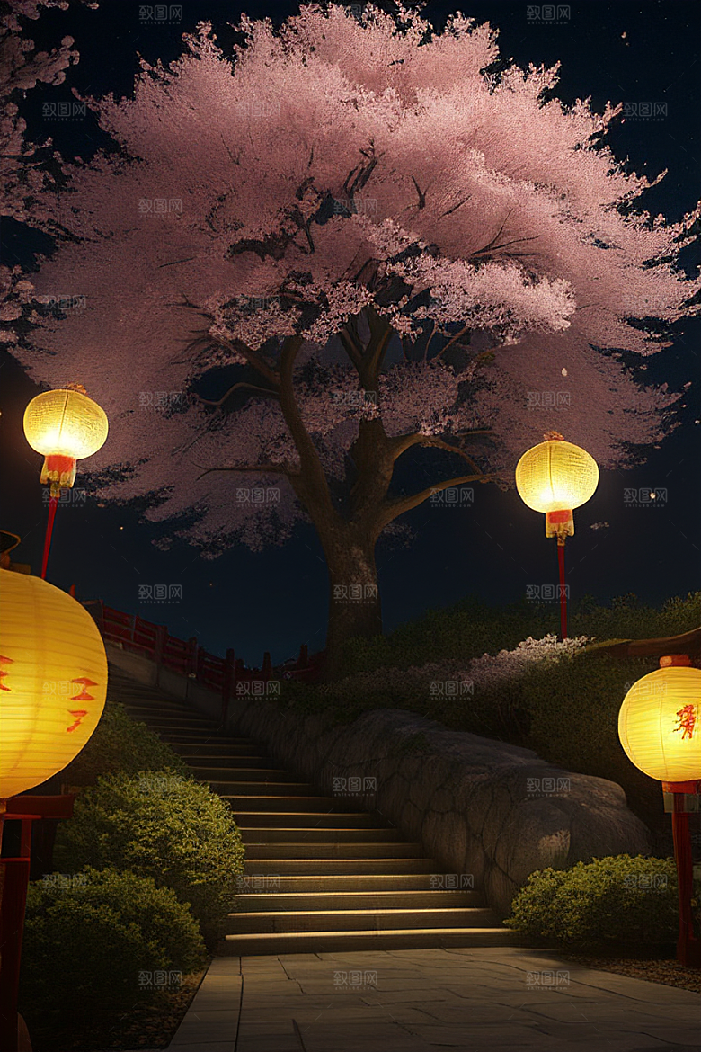 中秋月圆夜樱花与美景