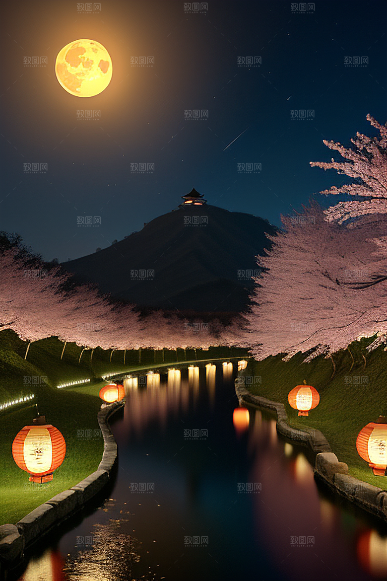 中秋月圆夜樱花与美景
