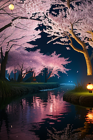 中秋月圆夜樱花与美景