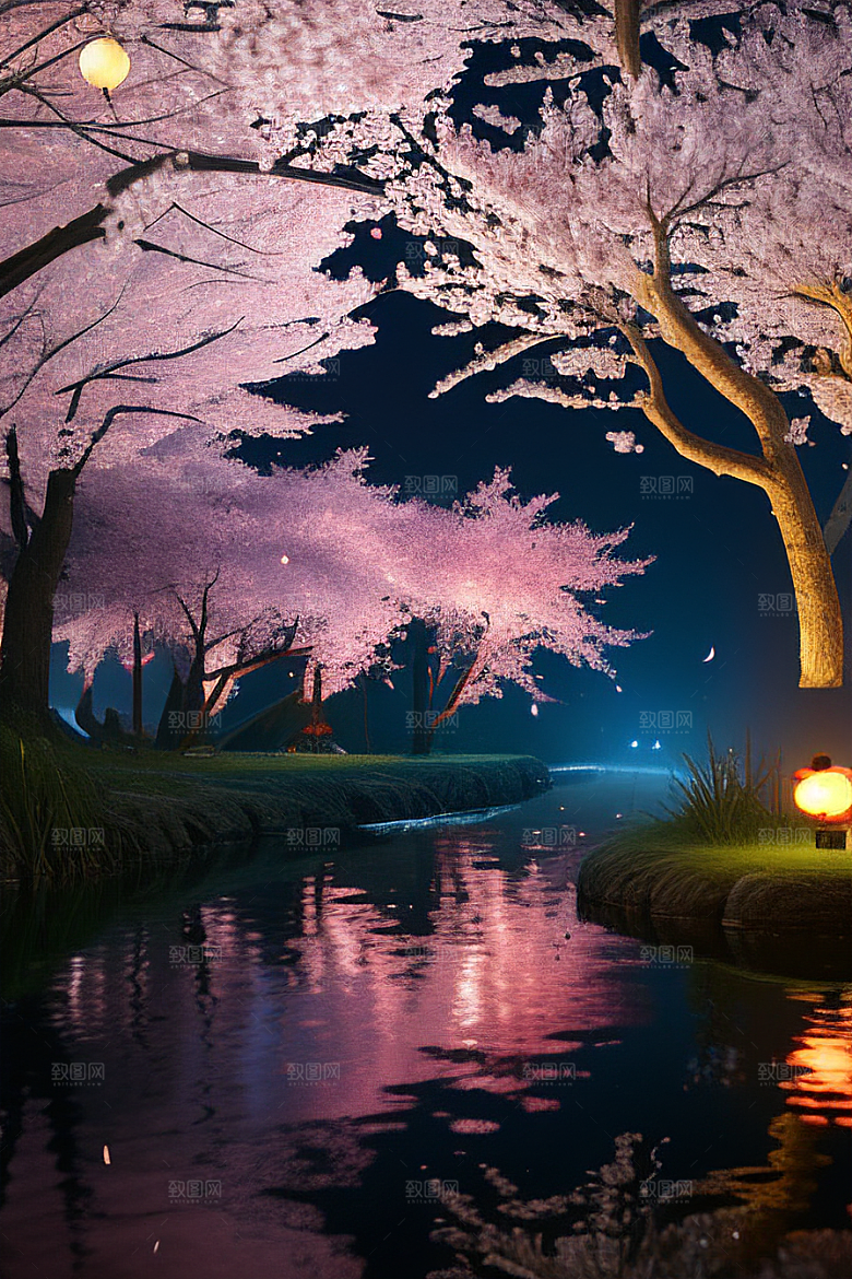 中秋月圆夜樱花与美景