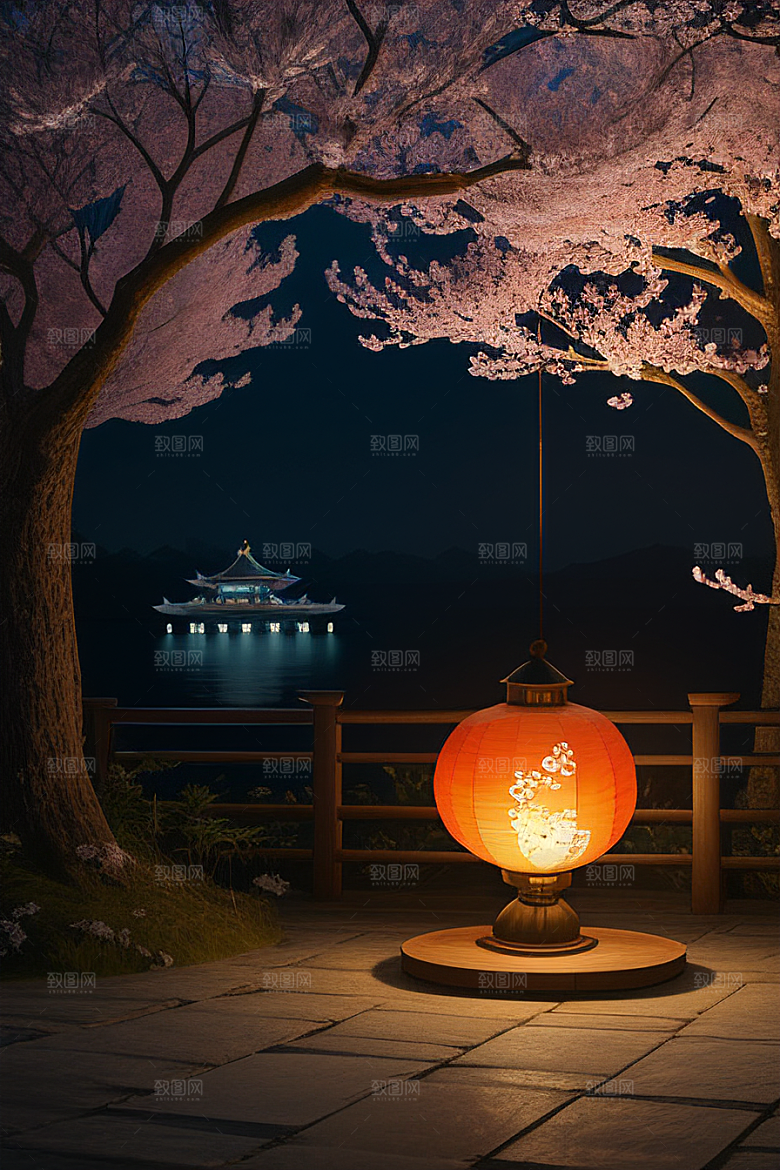 中秋月圆夜樱花与美景