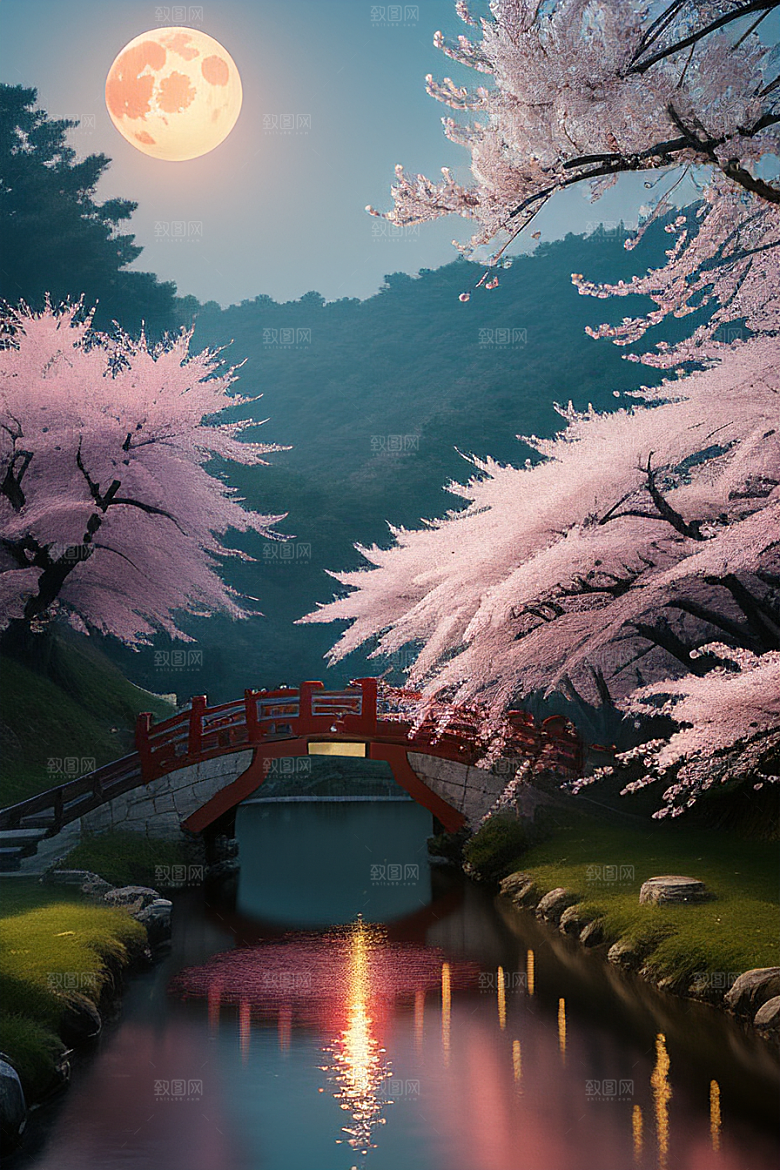 梦幻之夜月色与樱花