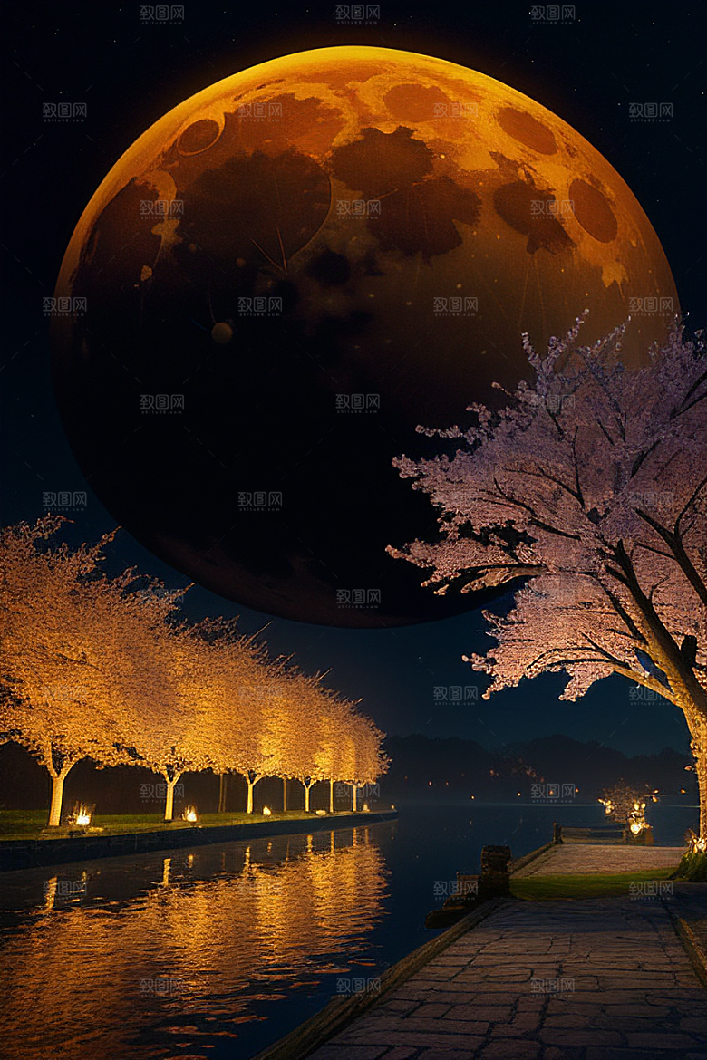 梦幻之夜月色与樱花