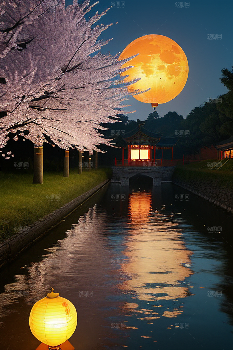 梦幻之夜月色与樱花