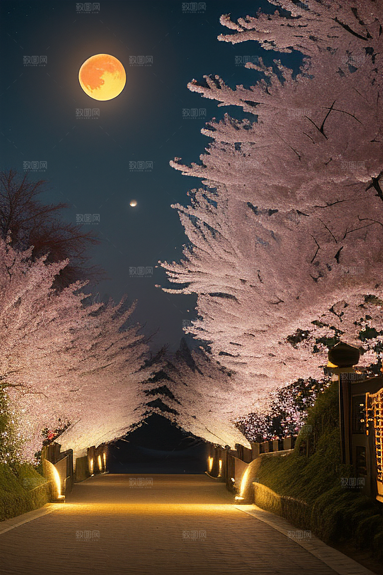 梦幻之夜月色与樱花