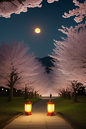梦幻之夜月色与樱花