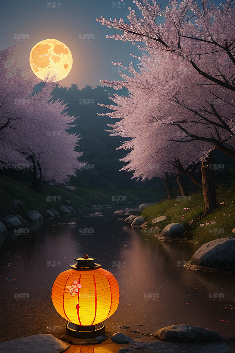 梦幻之夜月色与樱花