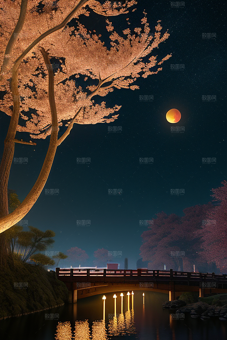 梦幻之夜月色与樱花