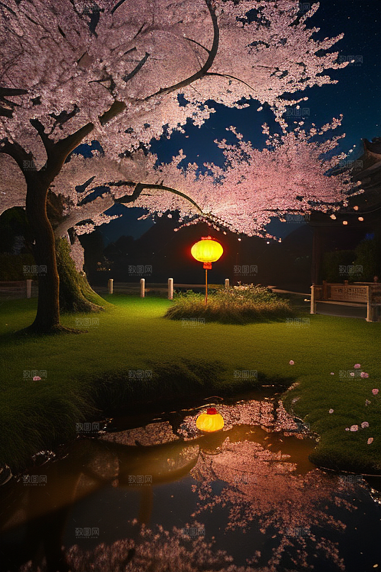 梦幻之夜月色与樱花
