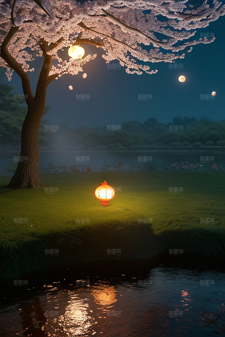 梦幻之夜月色与樱花