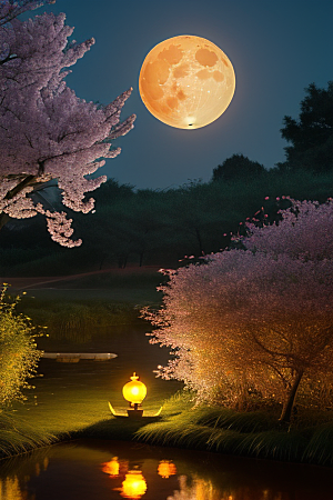 梦幻之夜月色与樱花