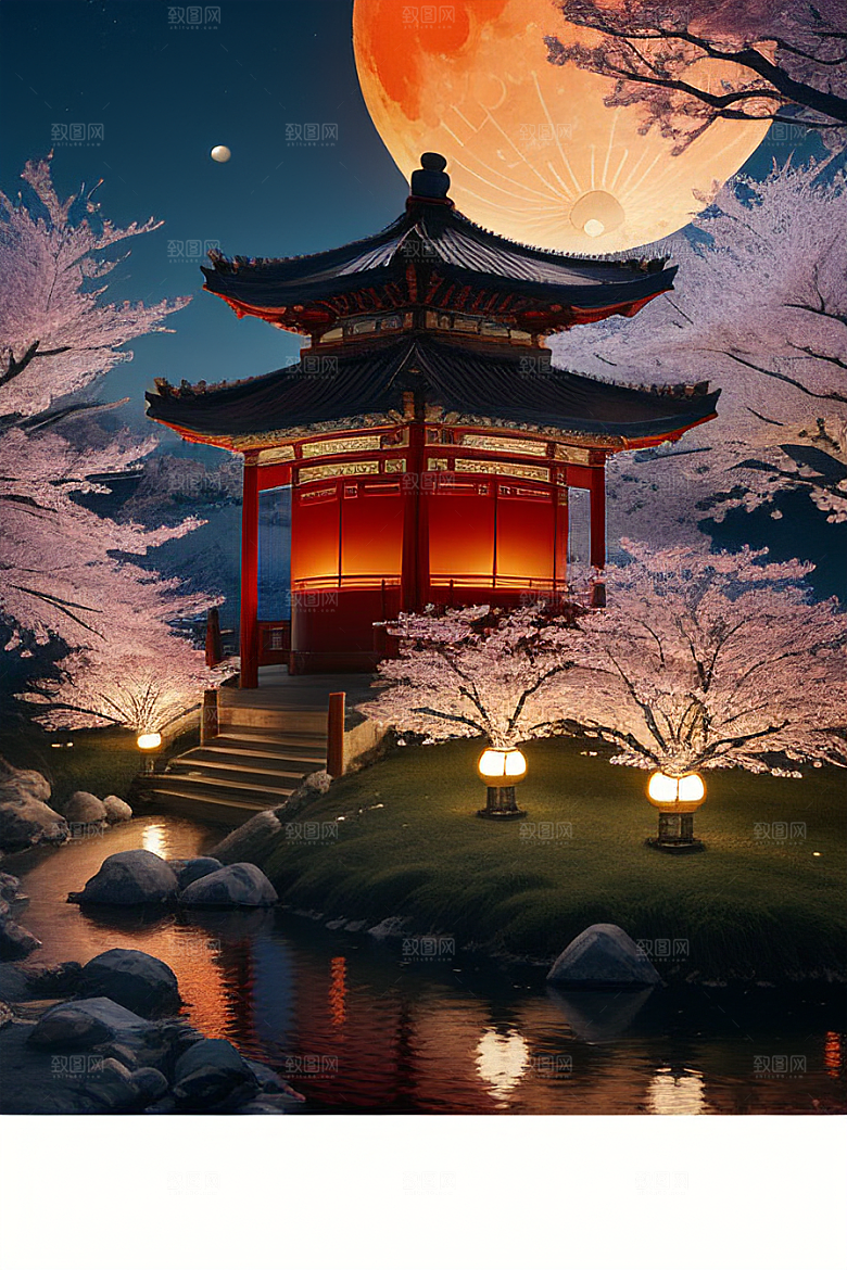 梦幻之夜月色与樱花