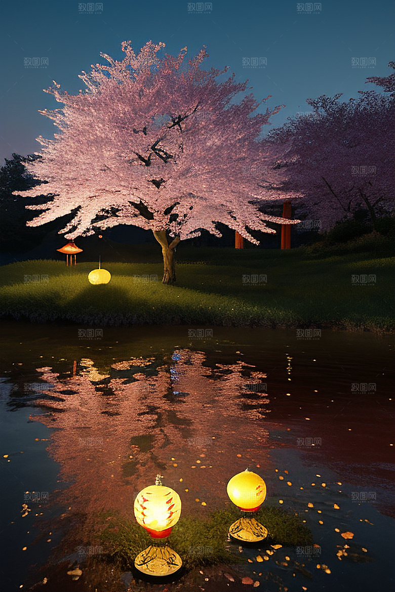 梦幻之夜月色与樱花