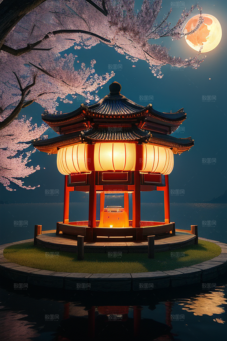 壮丽的自然景观樱花与月亮
