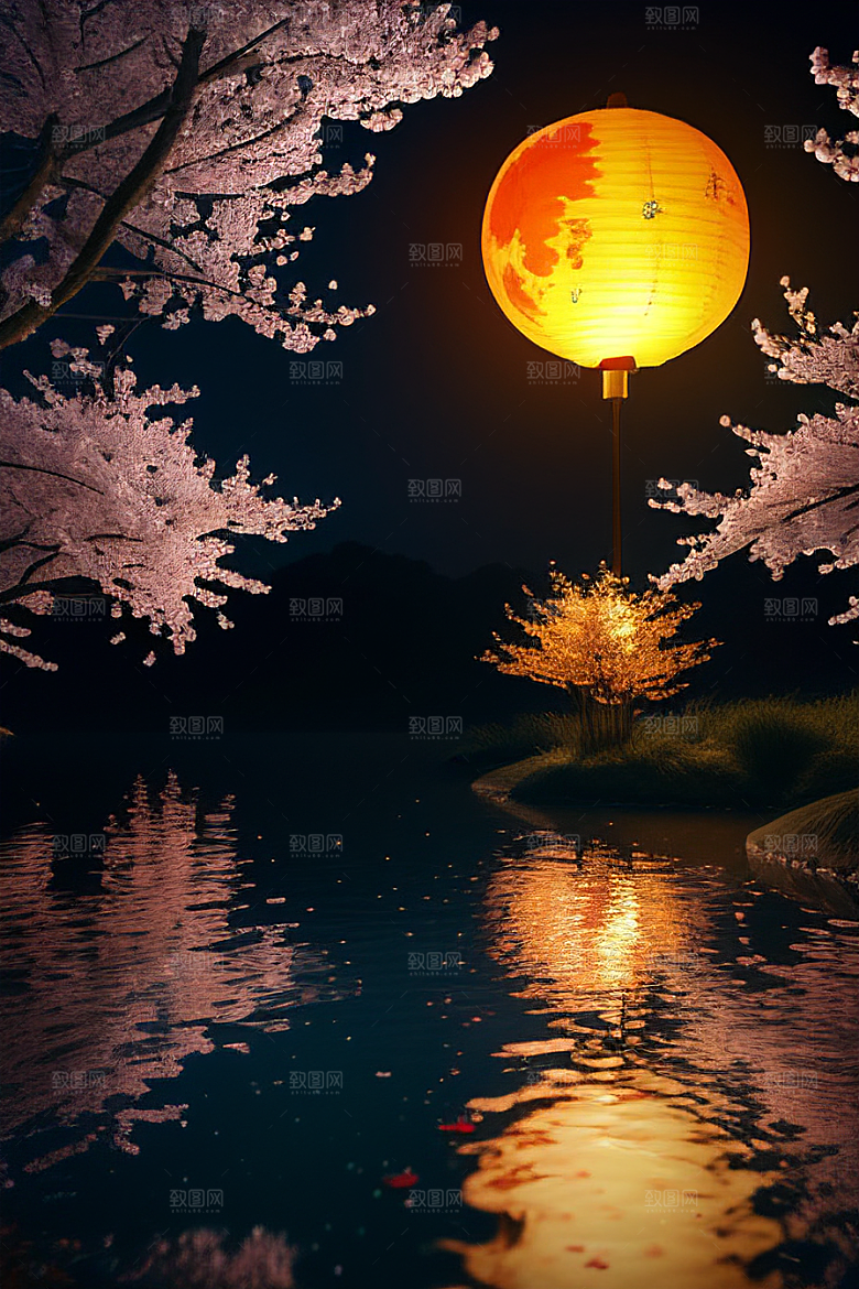 壮丽的自然景观樱花与月亮