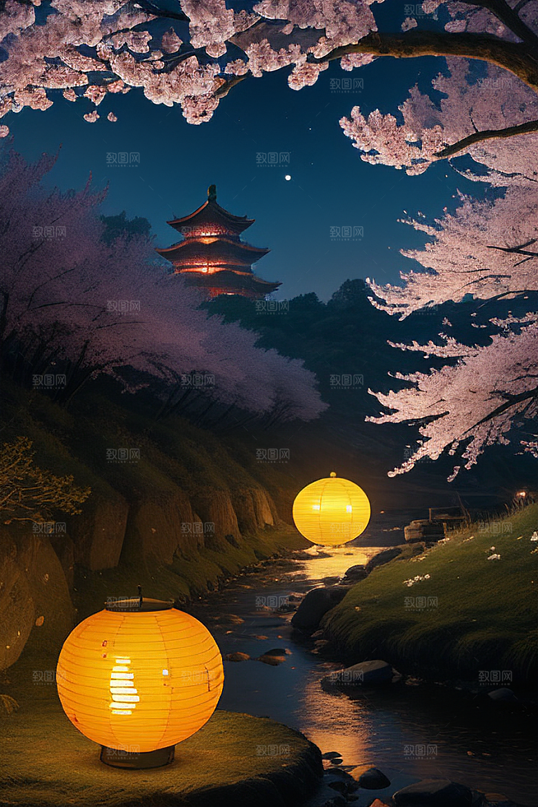 壮丽的自然景观樱花与月亮
