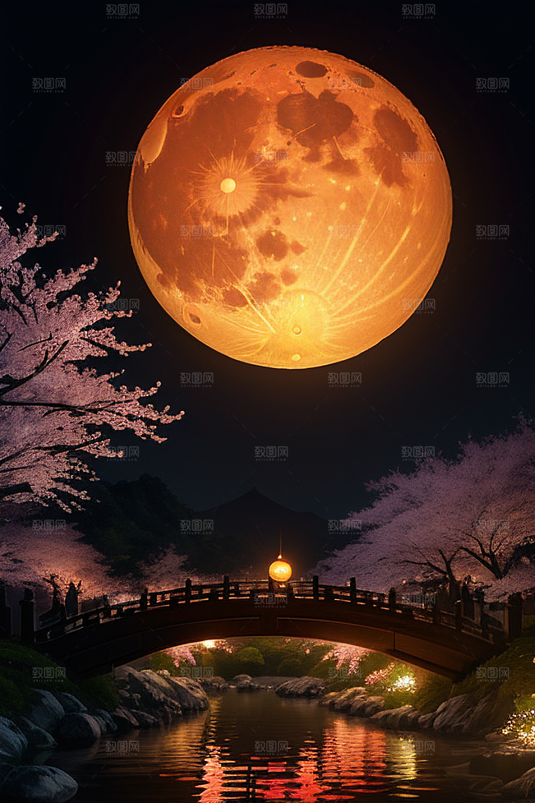 金黄巨大的月亮海上升起