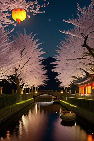 月夜佳景樱花与传统灯笼