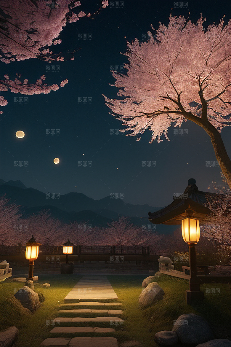 月夜佳景樱花与传统灯笼