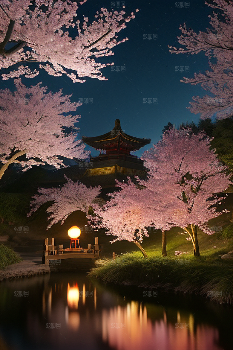 月夜佳景樱花与传统灯笼