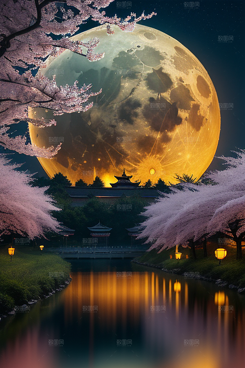 月夜佳景樱花与传统灯笼