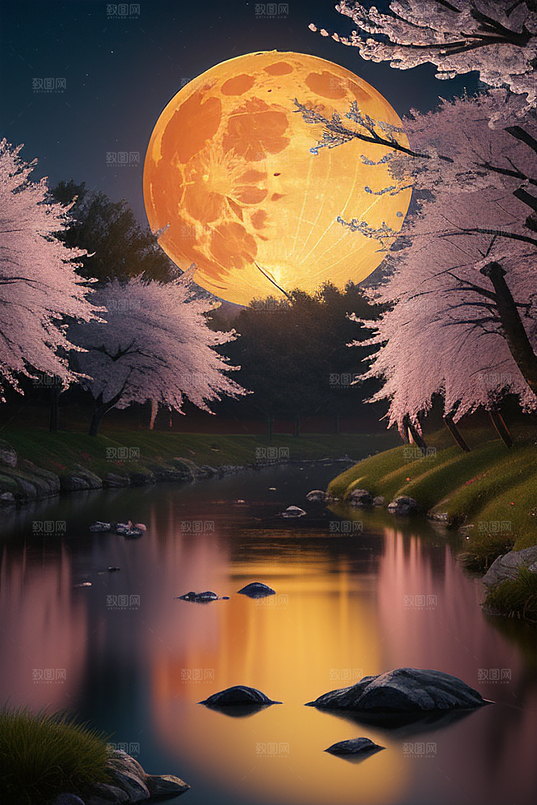 月夜佳景樱花与传统灯笼