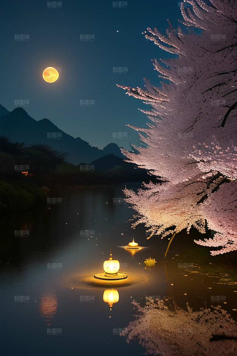 月夜佳景樱花与传统灯笼