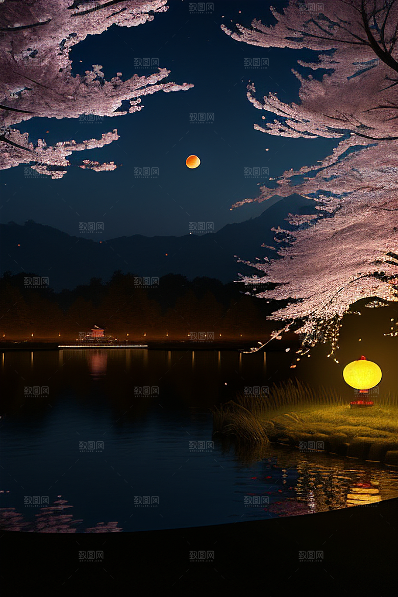 月夜佳景樱花与传统灯笼