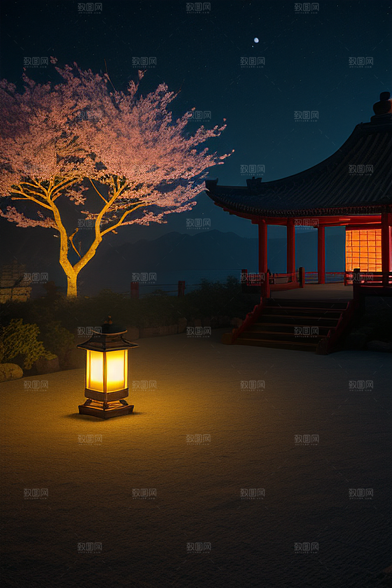 月夜佳景樱花与传统灯笼