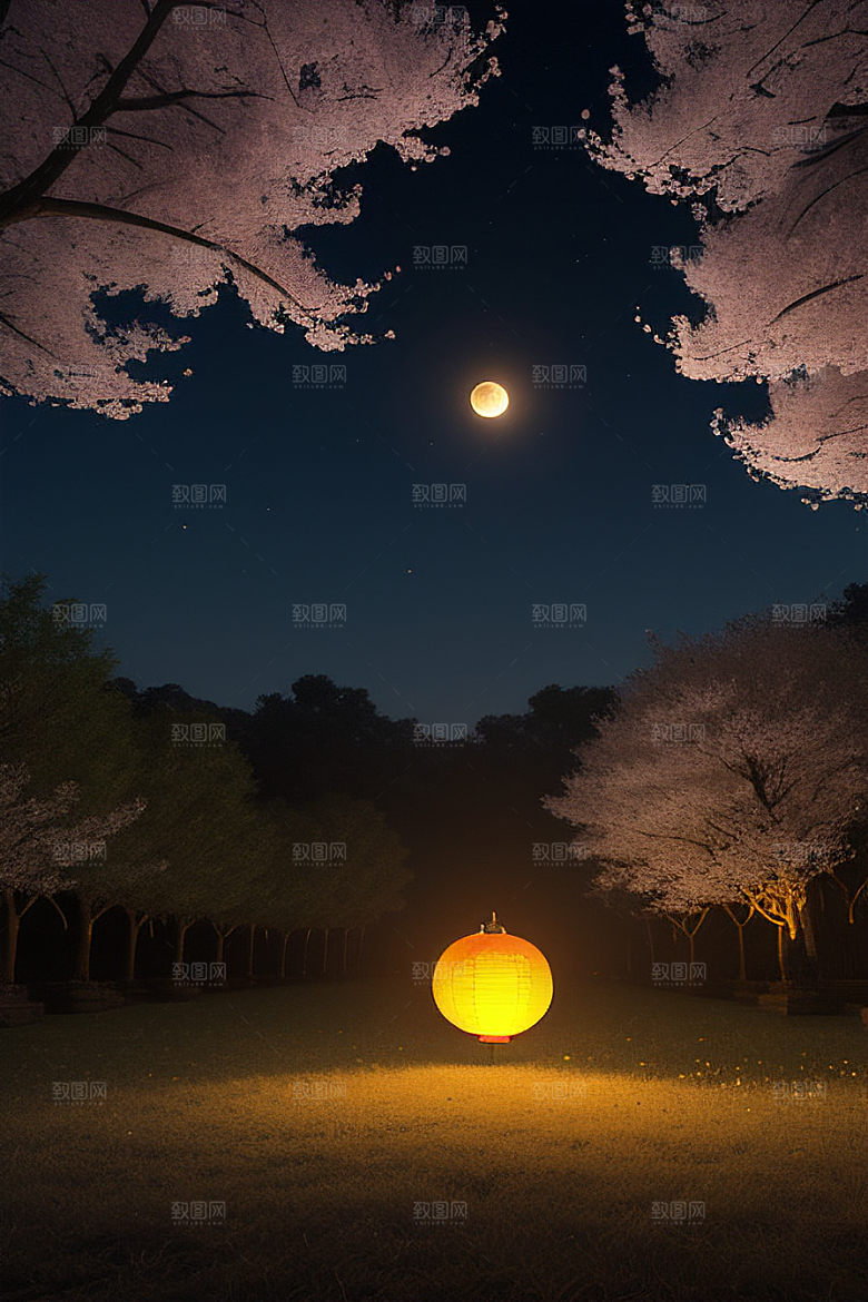 月夜佳景樱花与传统灯笼
