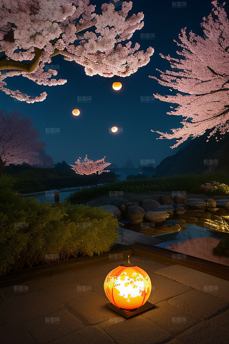 月夜佳景樱花与传统灯笼