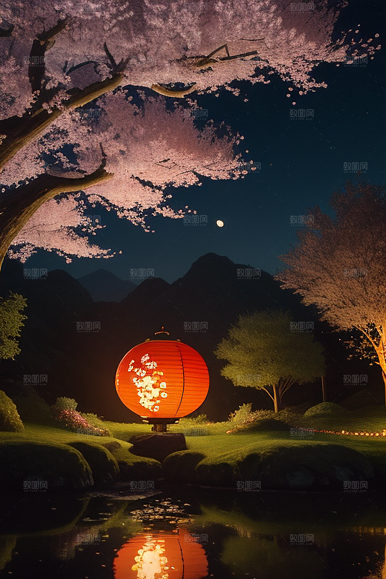 月夜佳景樱花与传统灯笼
