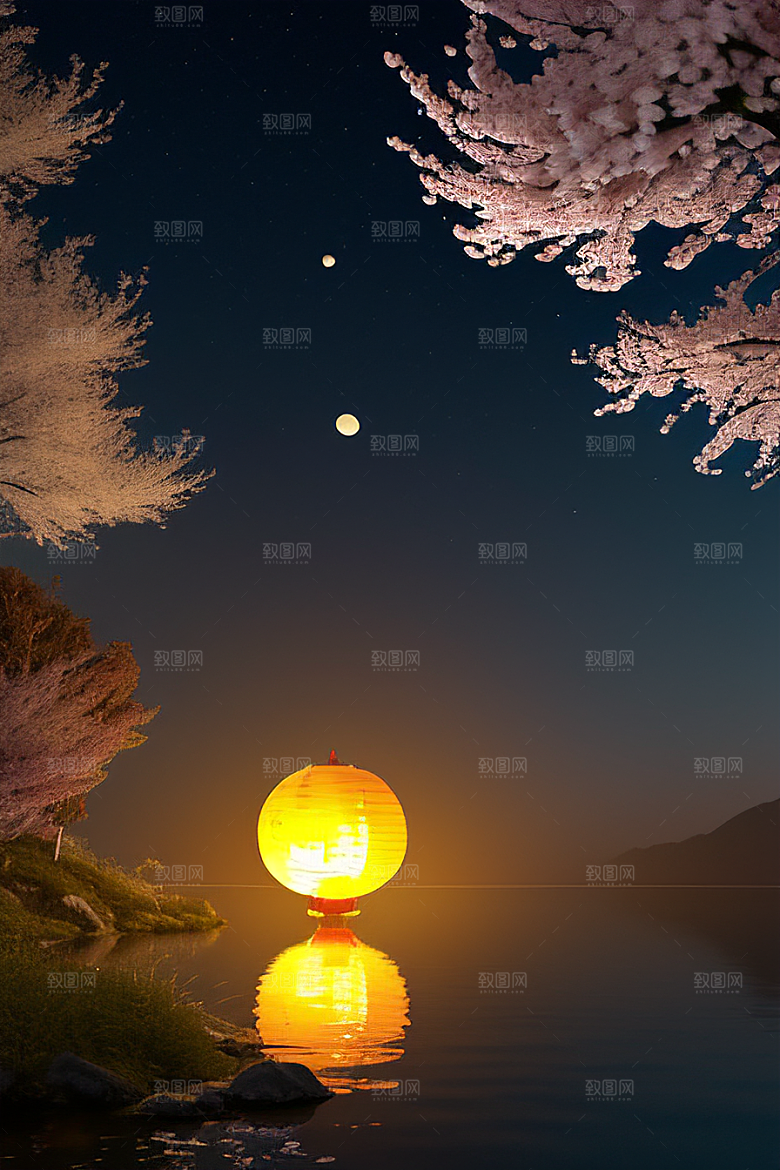 月夜佳景樱花与传统灯笼