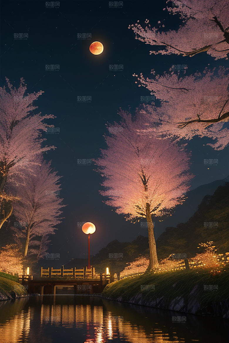 月夜佳景樱花与传统灯笼