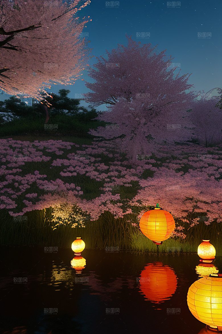 月夜佳景樱花与传统灯笼