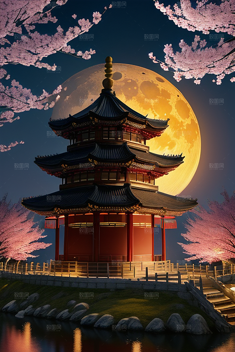 梦幻色彩月亮与灯笼