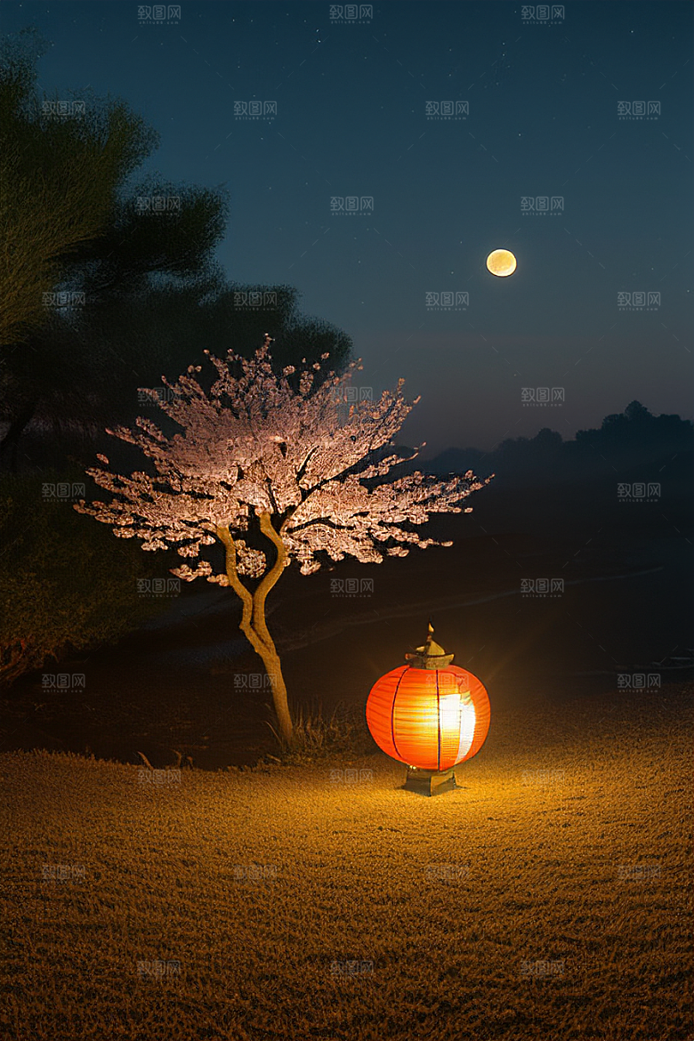 梦幻色彩月亮与灯笼