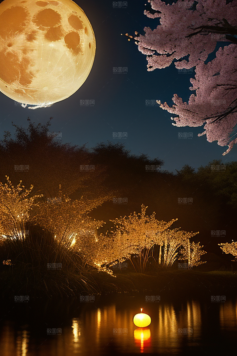 梦幻色彩月亮与灯笼