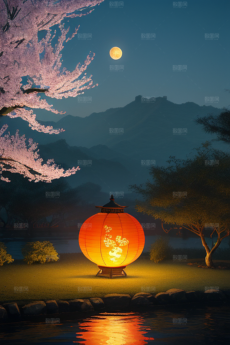 梦幻色彩月亮与灯笼