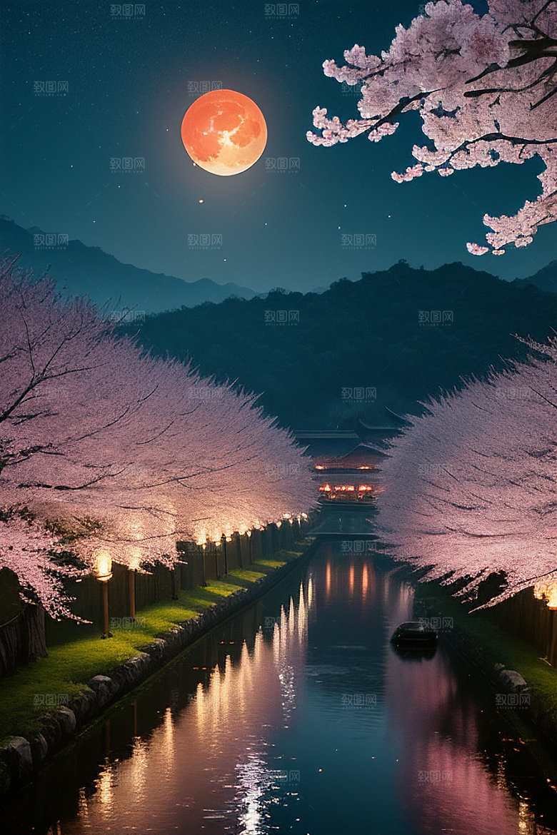 梦幻色彩月亮与灯笼