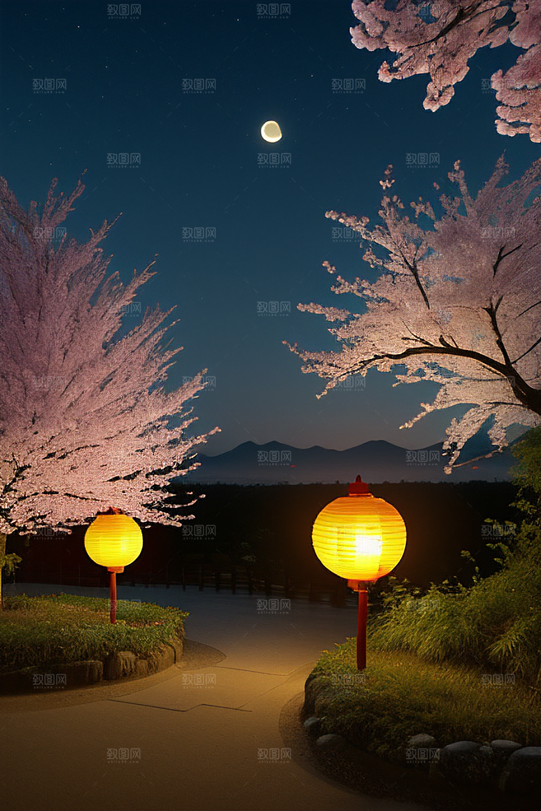 梦幻色彩月亮与灯笼