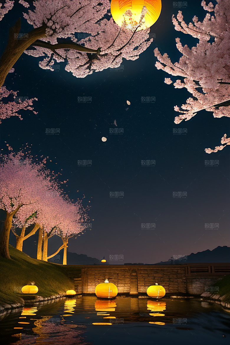 梦幻色彩月亮与灯笼