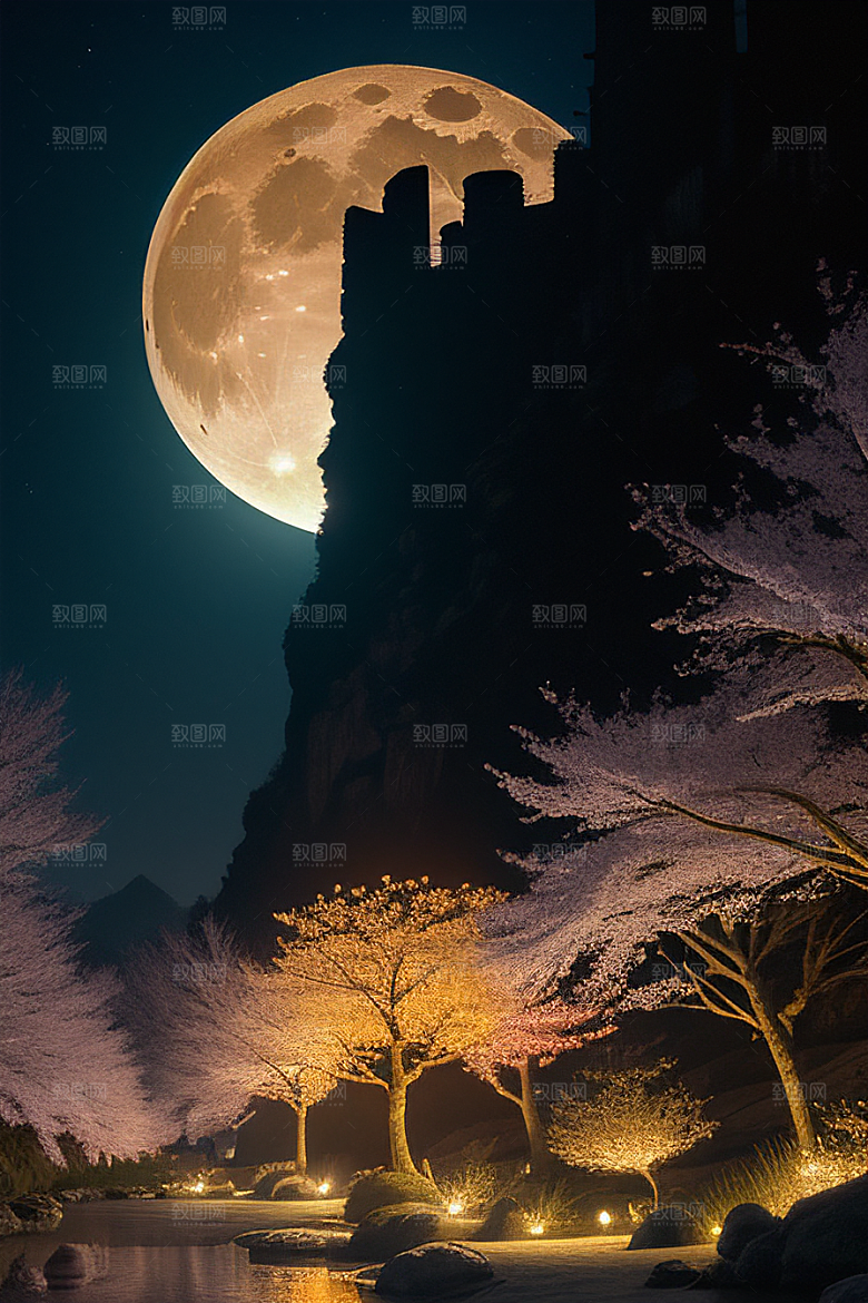 梦幻色彩月亮与灯笼