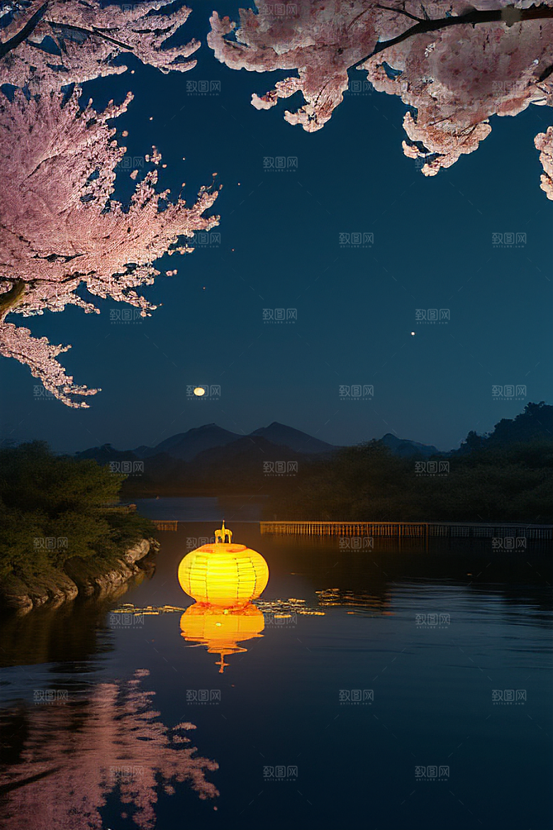 梦幻色彩月亮与灯笼